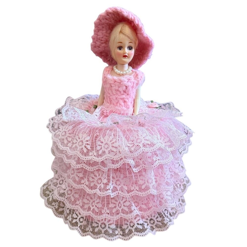 Vintage Handmade Crochet Doll Dress Toilet Paper Cover Pink Yarn Lace Pearl Hat